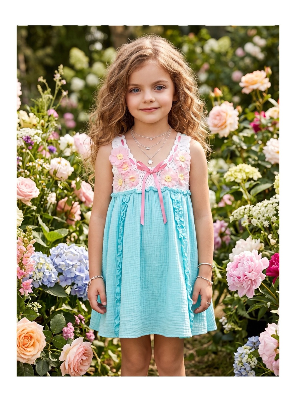 new Little Mass ❀ Crochet Knit Flower Girl Appliqué Dress ❀ White Turquoise ❀ 2T